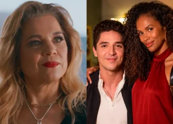Pilar (à esquerda) e Rafael e Andréia abraçados (à direita) em Quem Ama Cuida.