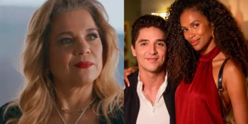 Pilar (à esquerda) e Rafael e Andréia abraçados (à direita) em Quem Ama Cuida.