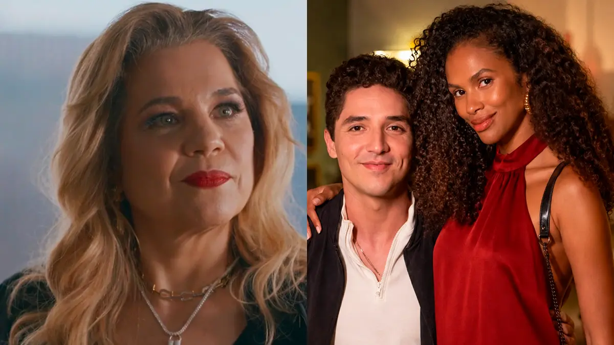 Pilar (à esquerda) e Rafael e Andréia abraçados (à direita) em Quem Ama Cuida.