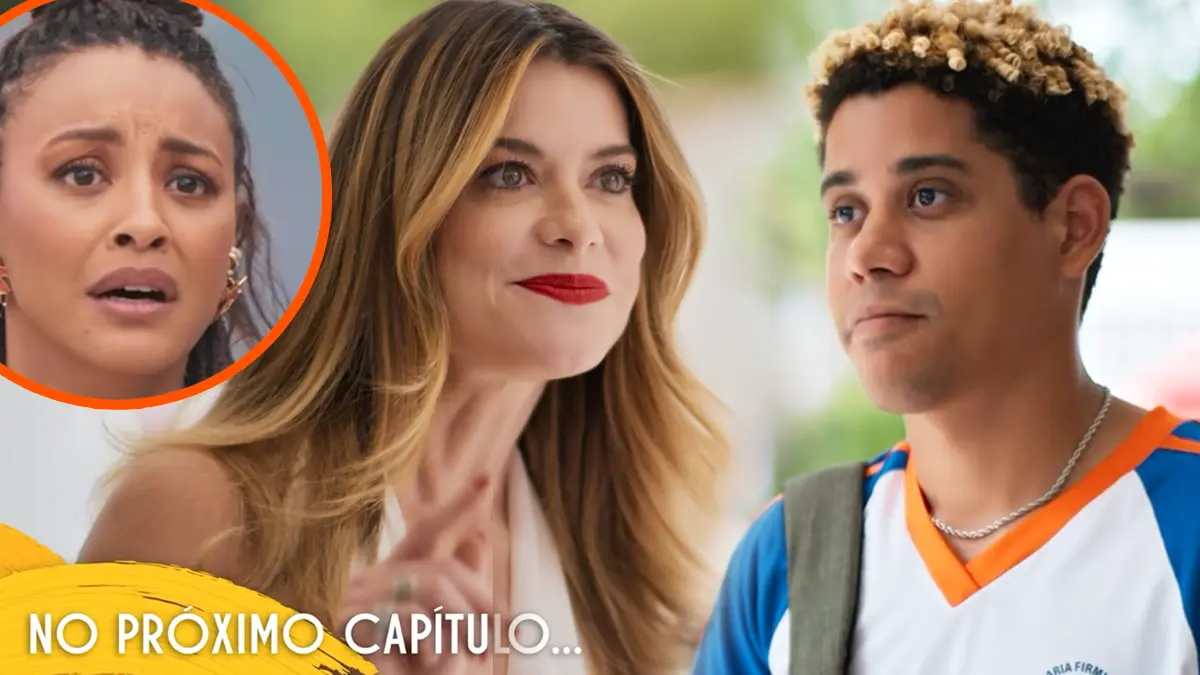 Vanessa conversando com Peixe e Bela em choque. Novela Por Você.