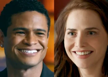 Tiago sorrindo (à esquerda) e Adriana (à direita) em montagem da novela Quem Ama Cuida.