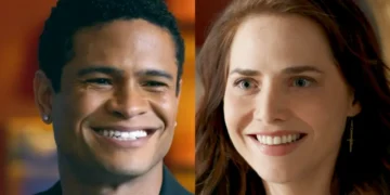 Tiago sorrindo (à esquerda) e Adriana (à direita) em montagem da novela Quem Ama Cuida.