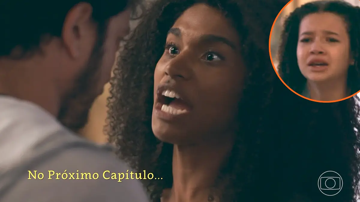 Elenice discutindo com Tom e Dafne chorando em Quem Ama Cuida.