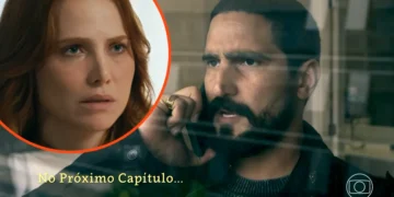 Adriana (à esquerda) observando Heitor ao telefone (à direita) em Quem Ama Cuida.