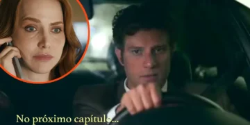 Adriana ao telefone e Pedro dirigindo o carro em cenas de Quem Ama Cuida.