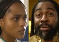 Montagem de A Nobreza do Amor mostra Alika (Duda Santos), com expressão séria e olhar preocupado, ao lado de Jendal (Lázaro Ramos), que aparece com os olhos arregalados e usando trajes dourados.