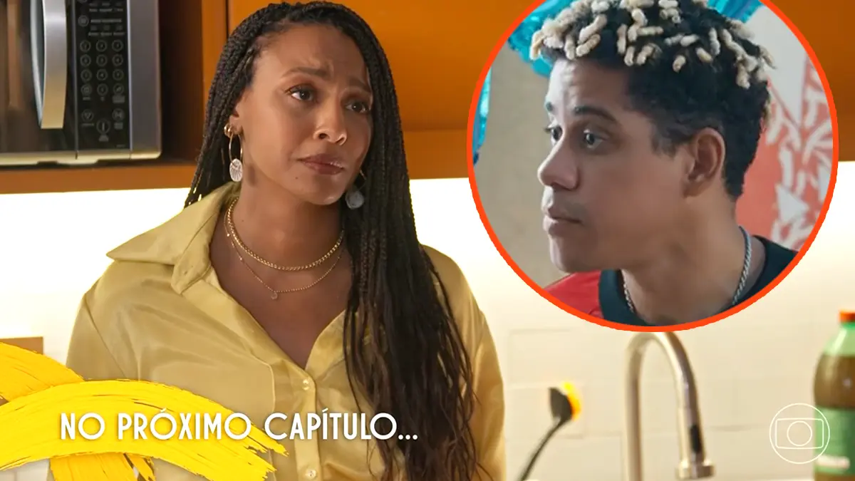Bela triste (à esquerda) e Peixe em um circulo em cenas da novela Por Você.