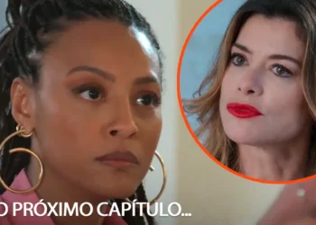 Bela, mulher de cabelos trançados, usando brincos grandes de argola e roupa rosa, aparece em destaque com expressão séria. No canto superior direito, Vanessa, loira de batom vermelho surge em um círculo com borda laranja. Na parte inferior, lê-se “NO PRÓXIMO CAPÍTULO...”.