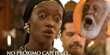 Binta com os olhos arregalados e Pascoal desfocado atrás dela em cena de A Nobreza do Amor.