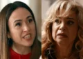 Brigitte com cara de brava (à esquerda) e Pilar assustada (à direita) em cenas de Quem Ama Cuida, novela das nove da Globo.