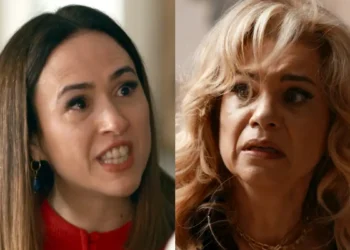 Brigitte com cara de brava (à esquerda) e Pilar assustada (à direita) em cenas de Quem Ama Cuida, novela das nove da Globo.