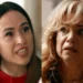 Brigitte com cara de brava (à esquerda) e Pilar assustada (à direita) em cenas de Quem Ama Cuida, novela das nove da Globo.