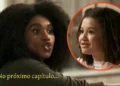 Montagem da novela Quem Ama Cuida mostra Elenice em destaque, com cabelos crespos volumosos, olhos arregalados e expressão de indignação. À direita, Dafne aparece sorrindo dentro de um círculo laranja, com expressão animada. A imagem traz a frase “No próximo capítulo...”.