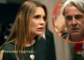 Fábia (Flávia Alessandra) aparece com expressão tensa em cena de Quem Ama Cuida, enquanto Ulisses (Alexandre Borges) surge em destaque dentro de um círculo laranja, com semblante sério.