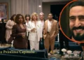 Cena de novela Quem Ama Cuida mostra família Brandão reunida em uma sala, com expressões de surpresa, enquanto Heitor aparece sorrindo em destaque, dentro de um círculo laranja.