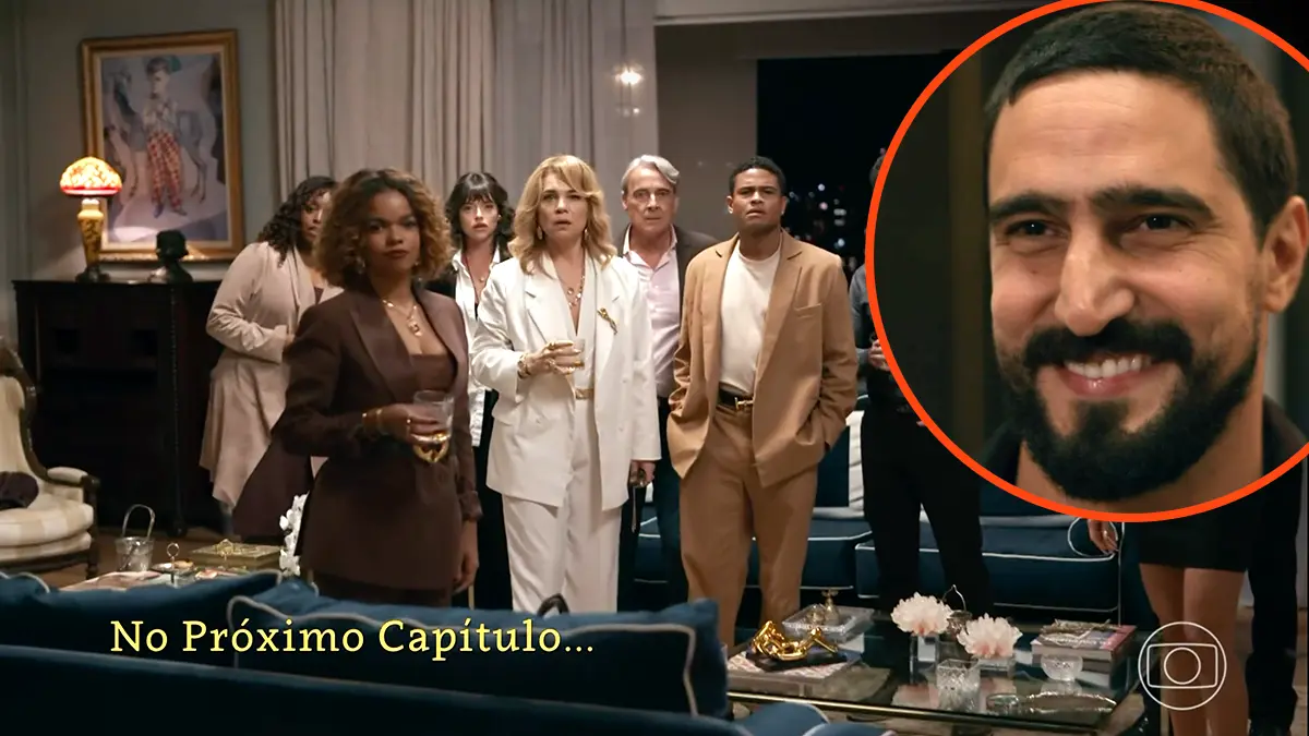 Cena de novela Quem Ama Cuida mostra família Brandão reunida em uma sala, com expressões de surpresa, enquanto Heitor aparece sorrindo em destaque, dentro de um círculo laranja.