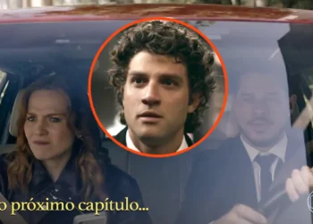 Adriana e Iuri no carro; Pedro no meio em cena de Quem Ama Cuida.