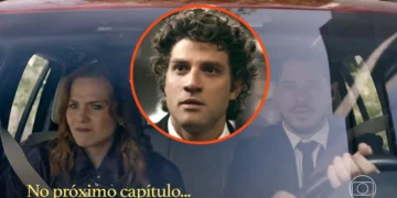 Adriana e Iuri no carro; Pedro no meio em cena de Quem Ama Cuida.
