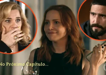 Pilar com a mão na boca, assustada. Adriana com cara de deboche. Heitor à direita em cenas do próximo capítulo de Quem Ama Cuida.