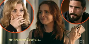Pilar com a mão na boca, assustada. Adriana com cara de deboche. Heitor à direita em cenas do próximo capítulo de Quem Ama Cuida.