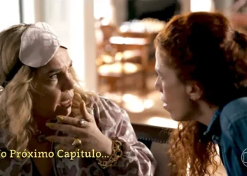 Cena da novela Quem Ama Cuida mostra Pilar, usando uma máscara de dormir na cabeça, com expressão assustada e a mão próxima ao rosto, enquanto Zeni, de cabelos ruivos e camisa jeans, se aproxima para conversar com ela. A imagem traz a frase “No Próximo Capítulo...” e o logotipo da Globo.